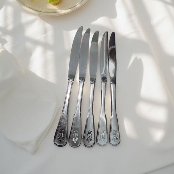 5 Vintage Oneida Deluxe Pfaltzgraff VILLAGE Dinner Knives Stainless Flatware B12 - Picture 1 of 6